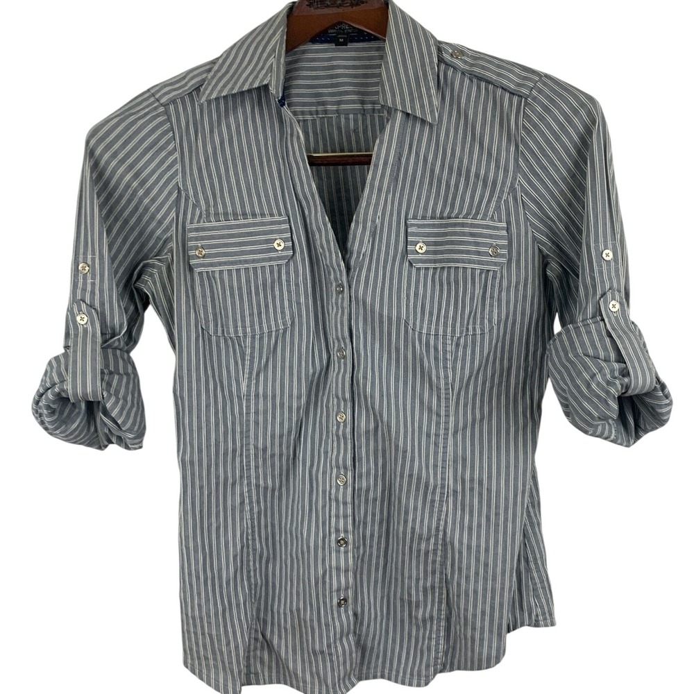 Express Essential Shirt Womens Medium Blue White Pinstripe Roll Tab Stretch